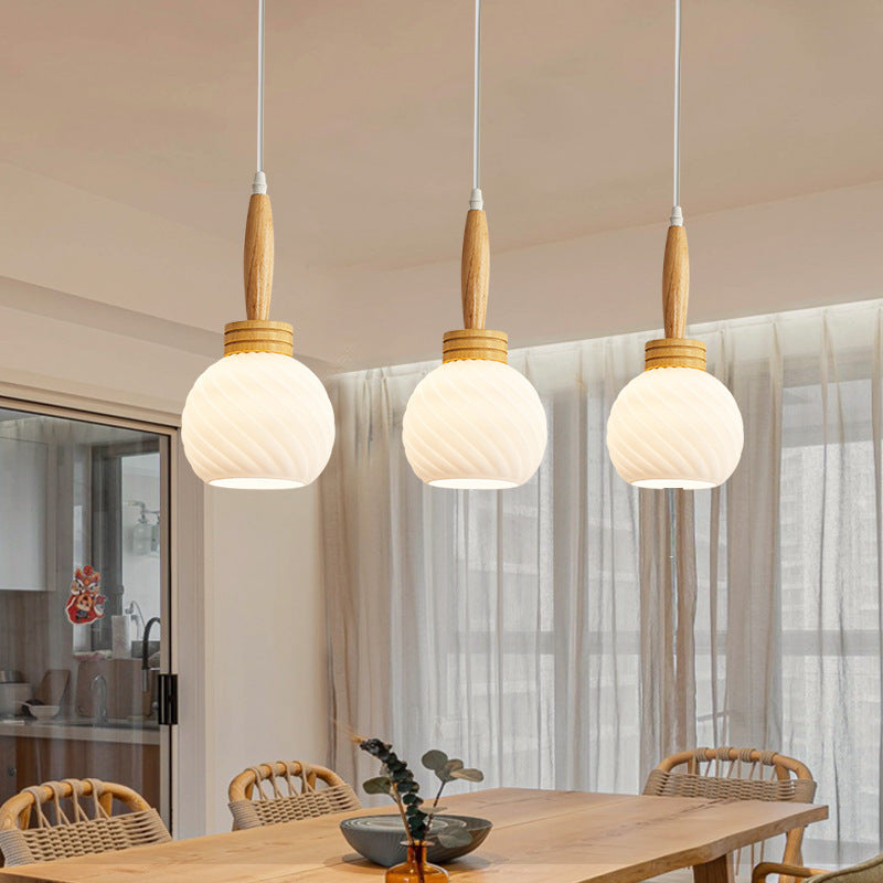 Modern Simplicity Long Plate Round Orb Glass Wood 3-Light Chandelier For Living Room
