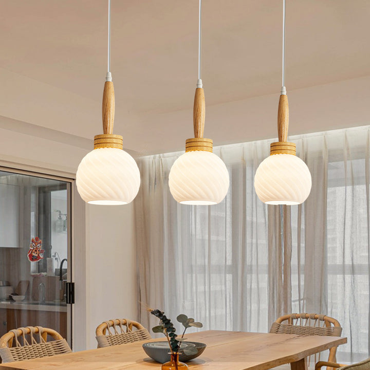 Modern Simplicity Long Plate Round Orb Glass Wood 3-Light Chandelier For Living Room