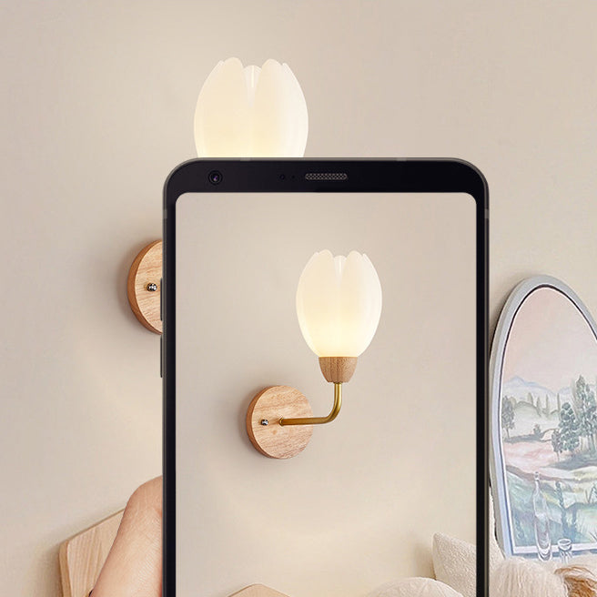 Contemporary Scandinavian Floral Round PVC Iron Wood 1-Light Wall Sconce Lamp For Bedroom