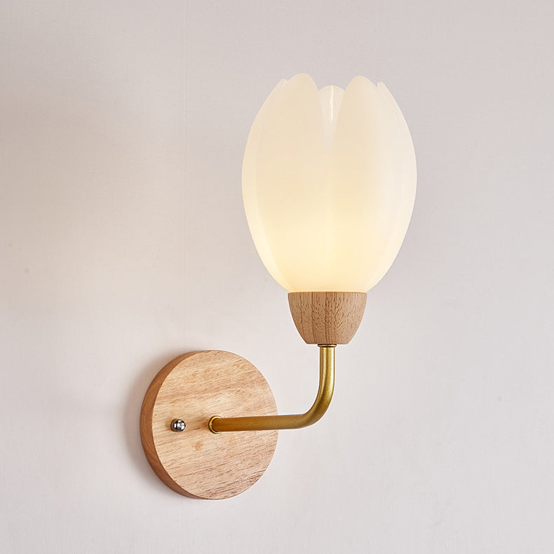 Contemporary Scandinavian Floral Round PVC Iron Wood 1-Light Wall Sconce Lamp For Bedroom