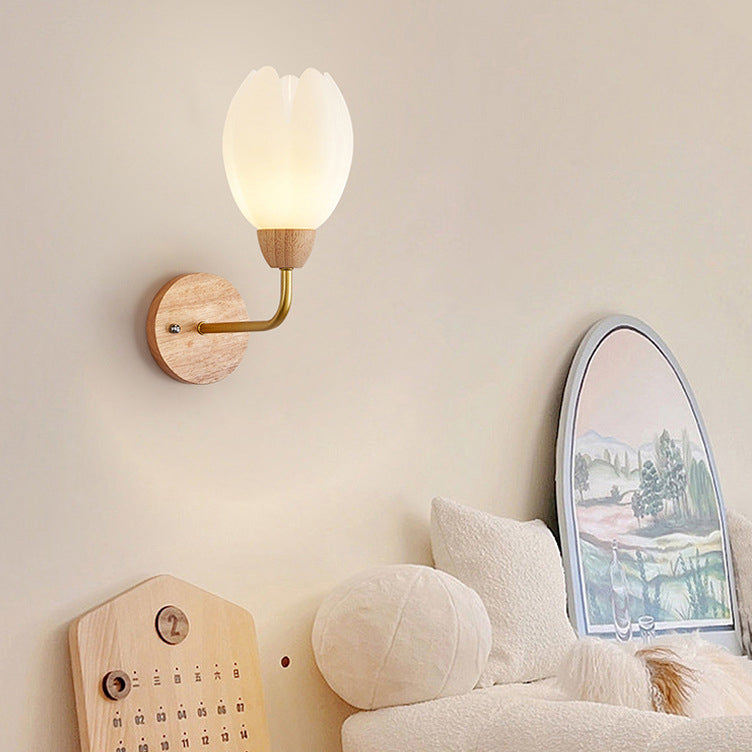 Applique murale contemporaine scandinave fleurie ronde en PVC fer bois 1-lumière pour chambre 
