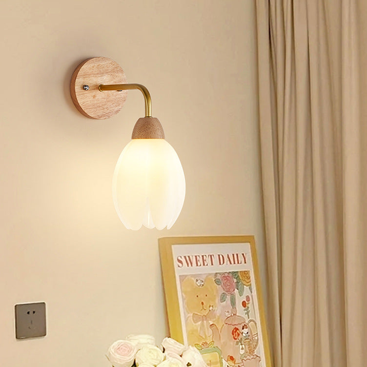 Applique murale contemporaine scandinave fleurie ronde en PVC fer bois 1-lumière pour chambre 