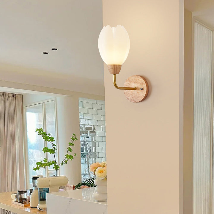 Applique murale contemporaine scandinave fleurie ronde en PVC fer bois 1-lumière pour chambre 
