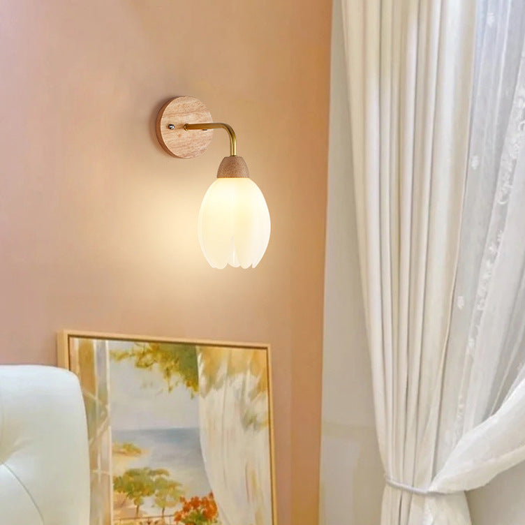 Contemporary Scandinavian Floral Round PVC Iron Wood 1-Light Wall Sconce Lamp For Bedroom