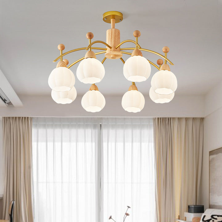 Contemporary Creative Branch Pumpkin Disc Cylinder Glass Rubberwood Iron 6/8/10 Light Chandelier For Living Room