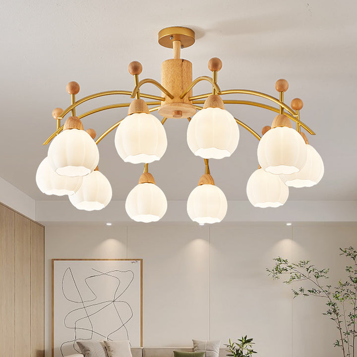 Contemporary Creative Branch Pumpkin Disc Cylinder Glass Rubberwood Iron 6/8/10 Light Chandelier For Living Room