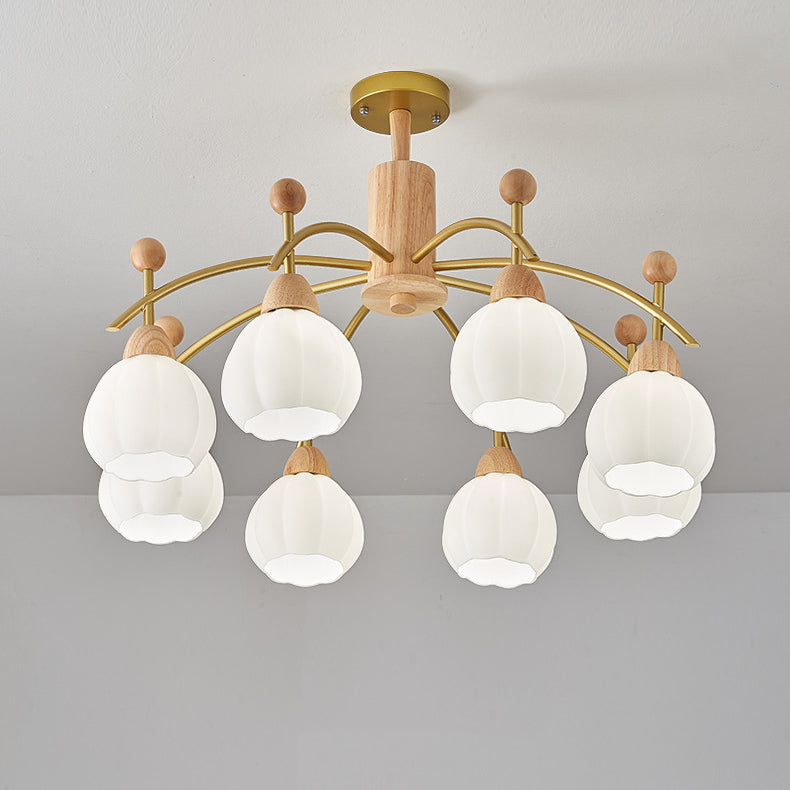 Contemporary Creative Branch Pumpkin Disc Cylinder Glass Rubberwood Iron 6/8/10 Light Chandelier For Living Room