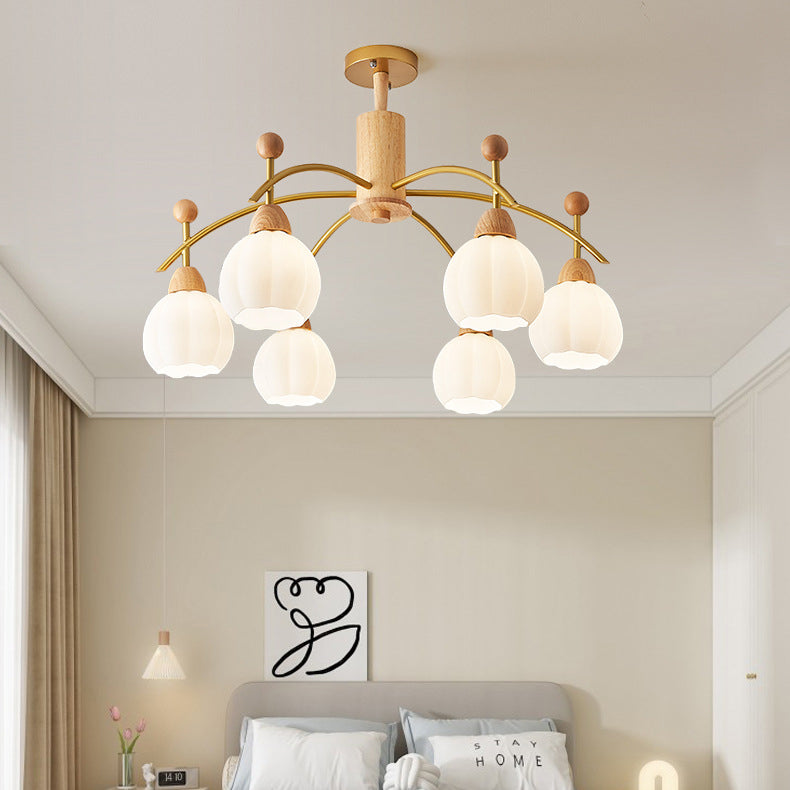 Contemporary Creative Branch Pumpkin Disc Cylinder Glass Rubberwood Iron 6/8/10 Light Chandelier For Living Room