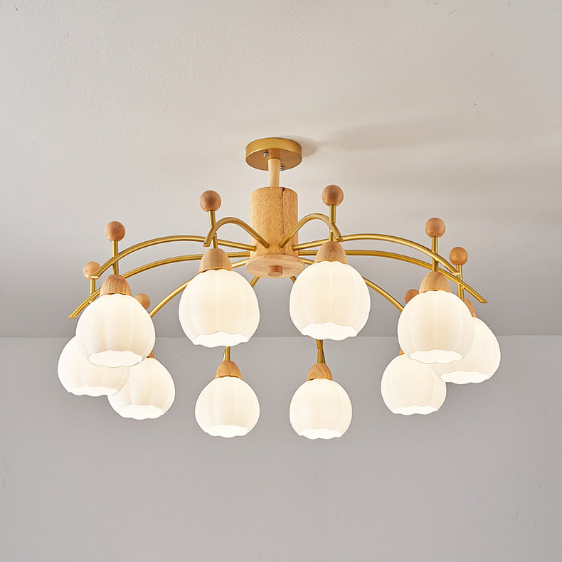 Contemporary Creative Branch Pumpkin Disc Cylinder Glass Rubberwood Iron 6/8/10 Light Chandelier For Living Room