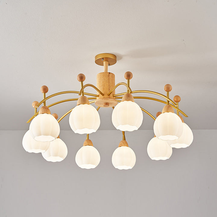 Contemporary Creative Branch Pumpkin Disc Cylinder Glass Rubberwood Iron 6/8/10 Light Chandelier For Living Room