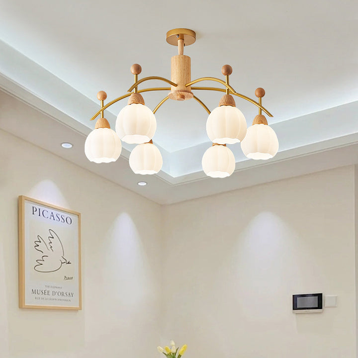 Contemporary Creative Branch Pumpkin Disc Cylinder Glass Rubberwood Iron 6/8/10 Light Chandelier For Living Room
