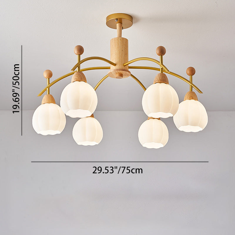 Contemporary Creative Branch Pumpkin Disc Cylinder Glass Rubberwood Iron 6/8/10 Light Chandelier For Living Room