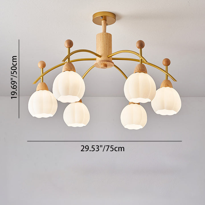 Contemporary Creative Branch Pumpkin Disc Cylinder Glass Rubberwood Iron 6/8/10 Light Chandelier For Living Room