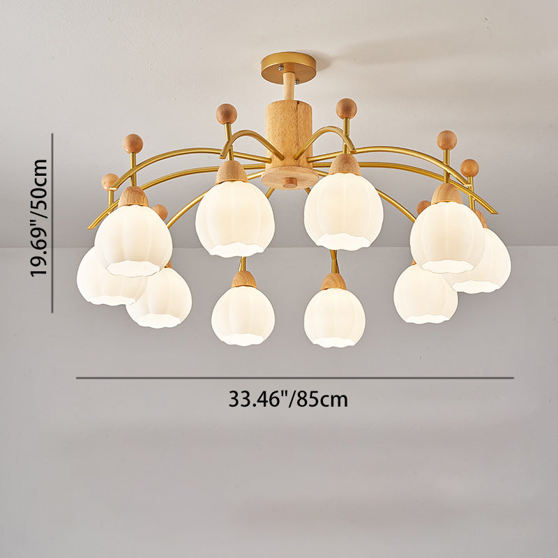 Contemporary Creative Branch Pumpkin Disc Cylinder Glass Rubberwood Iron 6/8/10 Light Chandelier For Living Room