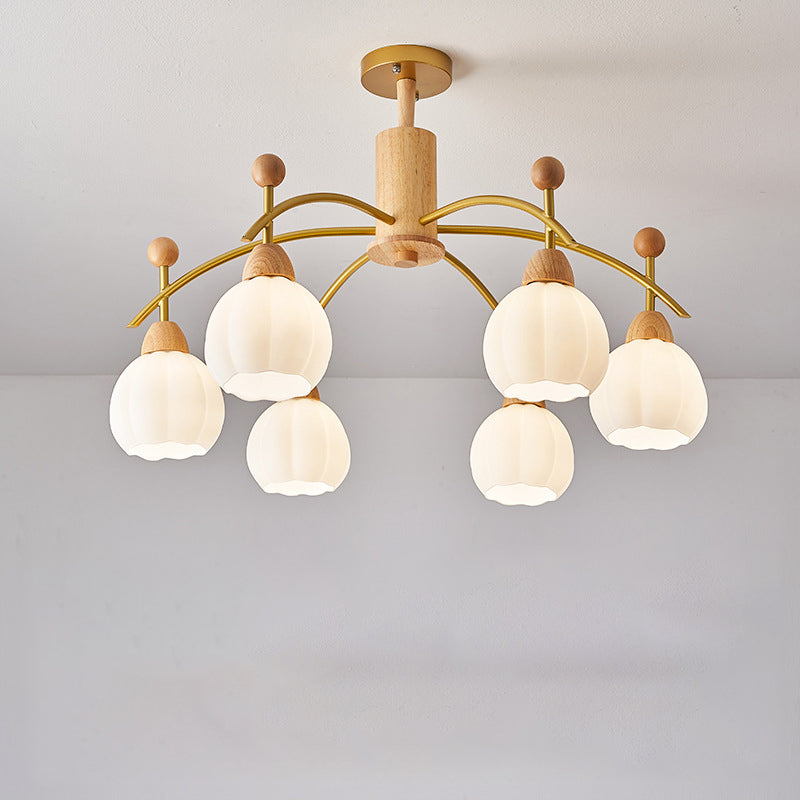 Contemporary Creative Branch Pumpkin Disc Cylinder Glass Rubberwood Iron 6/8/10 Light Chandelier For Living Room