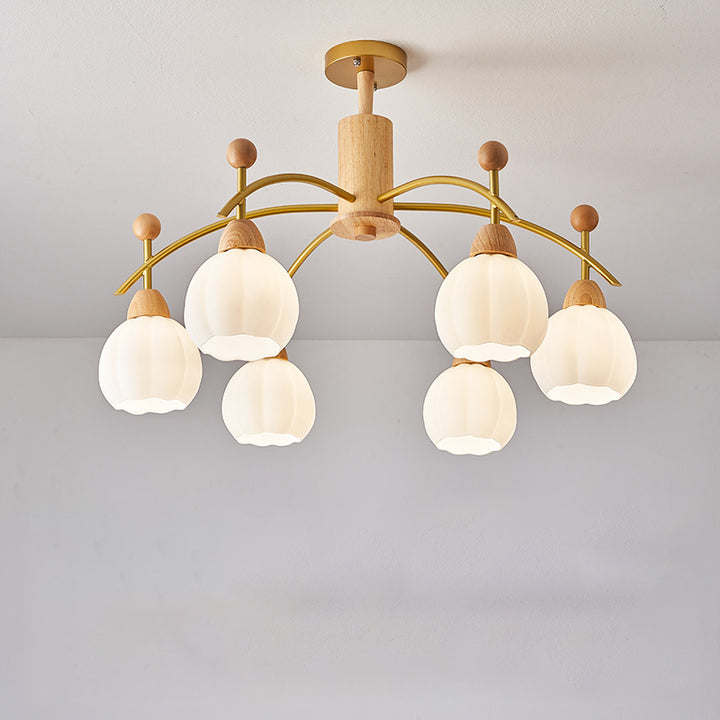 Contemporary Creative Branch Pumpkin Disc Cylinder Glass Rubberwood Iron 6/8/10 Light Chandelier For Living Room