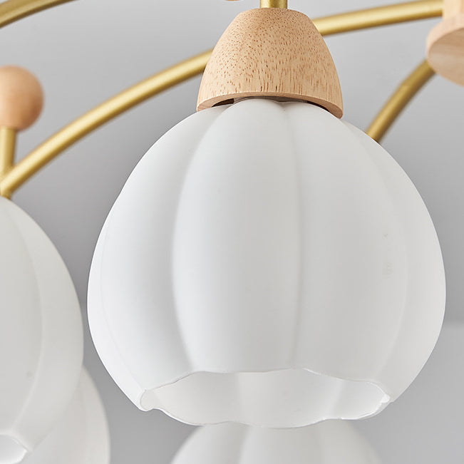 Contemporary Creative Branch Pumpkin Disc Cylinder Glass Rubberwood Iron 6/8/10 Light Chandelier For Living Room