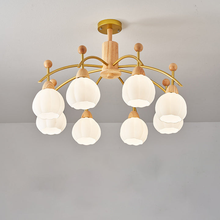 Contemporary Creative Branch Pumpkin Disc Cylinder Glass Rubberwood Iron 6/8/10 Light Chandelier For Living Room
