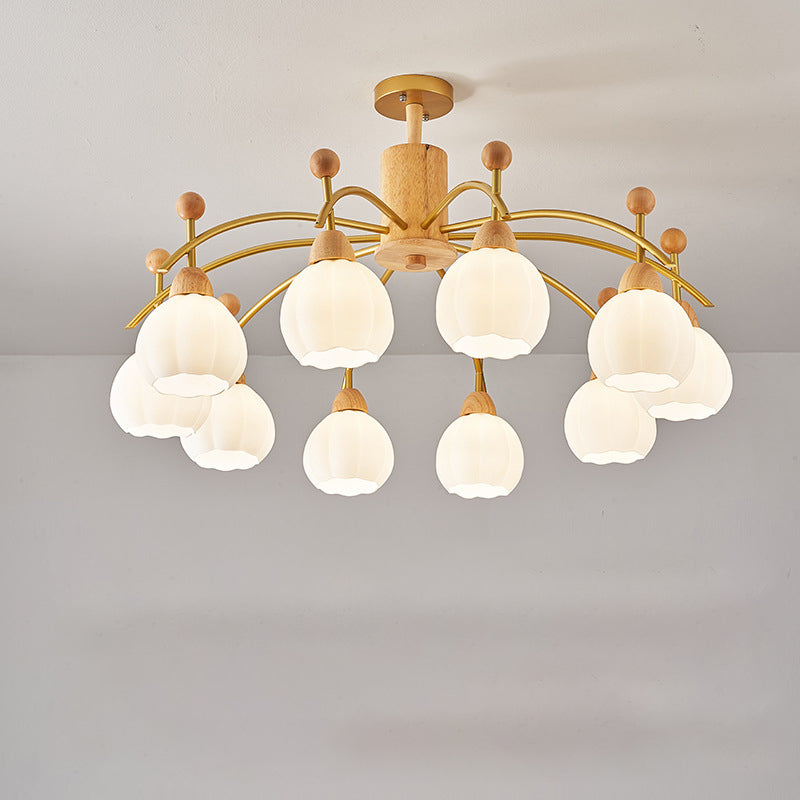 Contemporary Creative Branch Pumpkin Disc Cylinder Glass Rubberwood Iron 6/8/10 Light Chandelier For Living Room