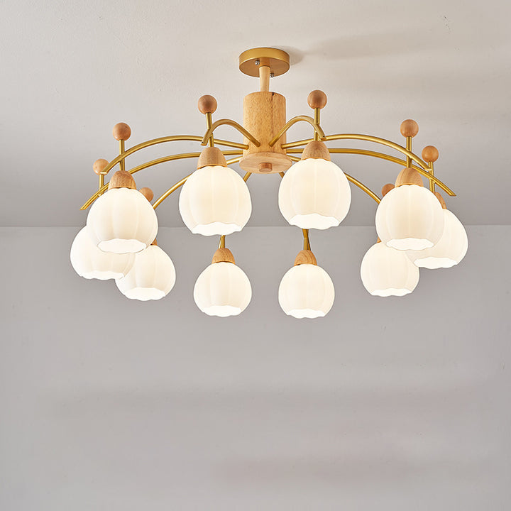 Contemporary Creative Branch Pumpkin Disc Cylinder Glass Rubberwood Iron 6/8/10 Light Chandelier For Living Room