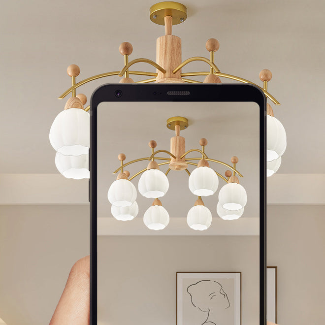 Contemporary Creative Branch Pumpkin Disc Cylinder Glass Rubberwood Iron 6/8/10 Light Chandelier For Living Room