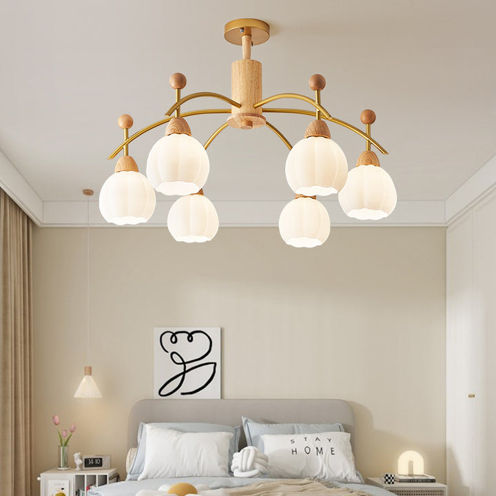 Contemporary Creative Branch Pumpkin Disc Cylinder Glass Rubberwood Iron 6/8/10 Light Chandelier For Living Room