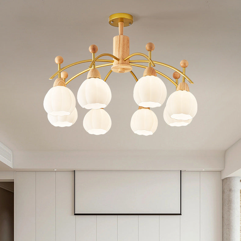 Contemporary Creative Branch Pumpkin Disc Cylinder Glass Rubberwood Iron 6/8/10 Light Chandelier For Living Room