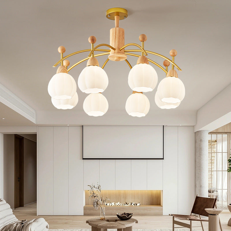 Contemporary Creative Branch Pumpkin Disc Cylinder Glass Rubberwood Iron 6/8/10 Light Chandelier For Living Room
