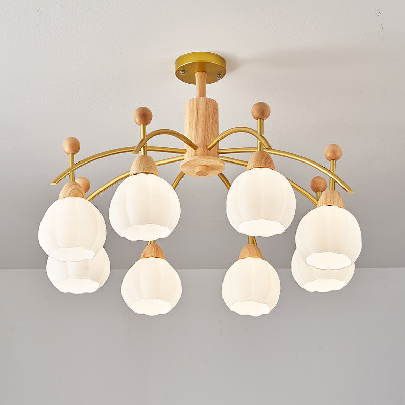 Contemporary Creative Branch Pumpkin Disc Cylinder Glass Rubberwood Iron 6/8/10 Light Chandelier For Living Room