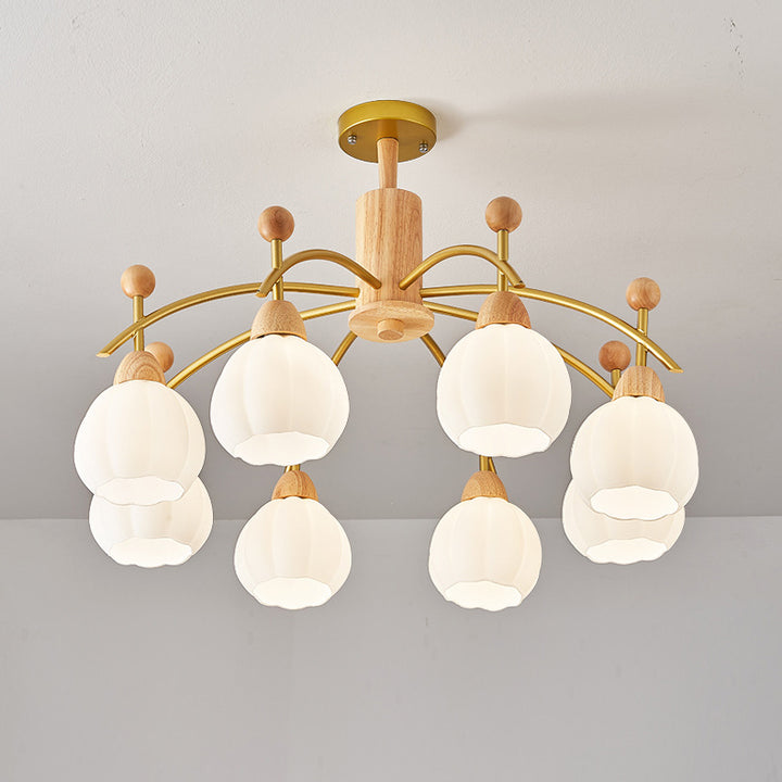 Contemporary Creative Branch Pumpkin Disc Cylinder Glass Rubberwood Iron 6/8/10 Light Chandelier For Living Room