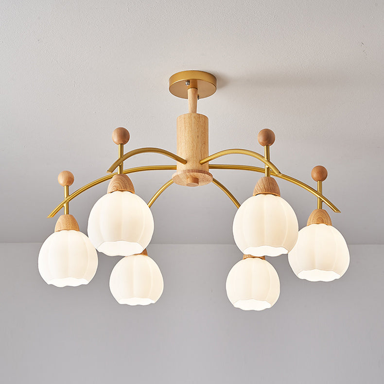 Contemporary Creative Branch Pumpkin Disc Cylinder Glass Rubberwood Iron 6/8/10 Light Chandelier For Living Room