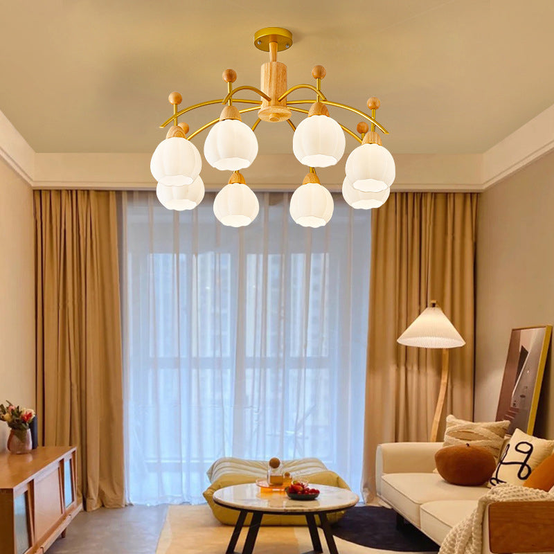 Contemporary Creative Branch Pumpkin Disc Cylinder Glass Rubberwood Iron 6/8/10 Light Chandelier For Living Room