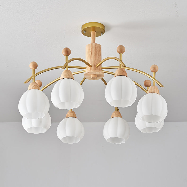 Contemporary Creative Branch Pumpkin Disc Cylinder Glass Rubberwood Iron 6/8/10 Light Chandelier For Living Room