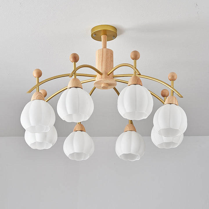 Contemporary Creative Branch Pumpkin Disc Cylinder Glass Rubberwood Iron 6/8/10 Light Chandelier For Living Room