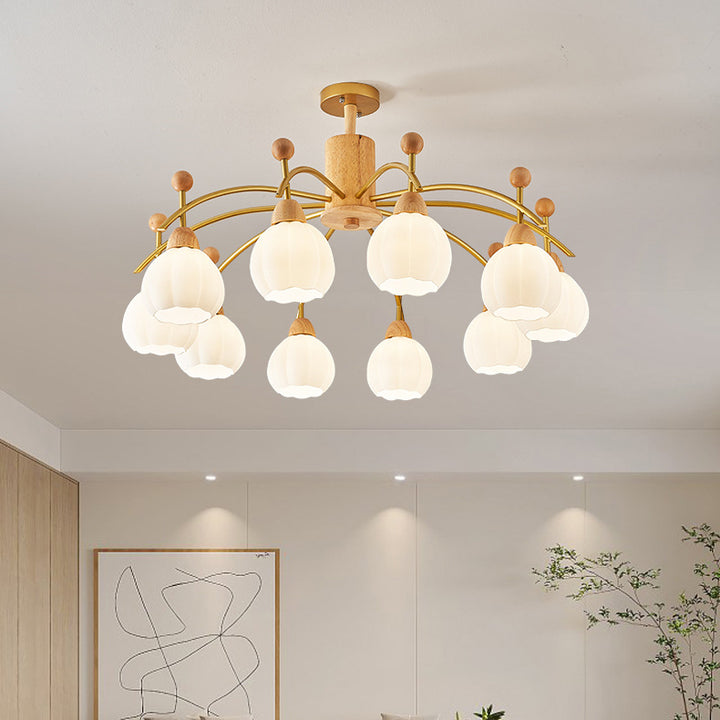 Contemporary Creative Branch Pumpkin Disc Cylinder Glass Rubberwood Iron 6/8/10 Light Chandelier For Living Room