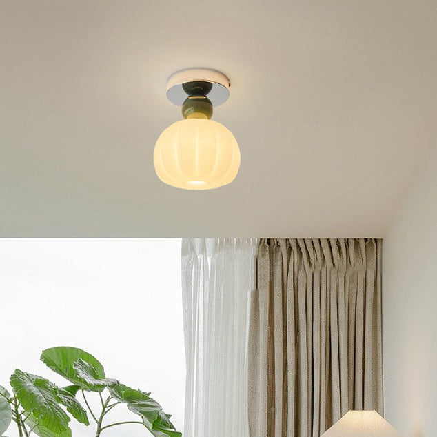 Luz de techo semi-empotrada de 1 luz de hierro acrílico redonda de calabaza de crema francesa tradicional para sala de estar 
