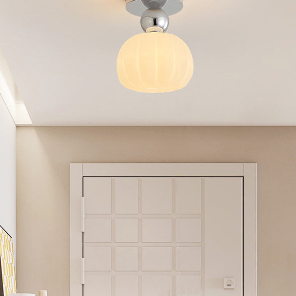 Traditional French Cream Pumpkin Round Acrylic Iron 1-Light Semi-Flush Mount Ceiling Light For Living Room