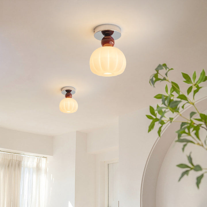 Luz de techo semi-empotrada de 1 luz de hierro acrílico redonda de calabaza de crema francesa tradicional para sala de estar 