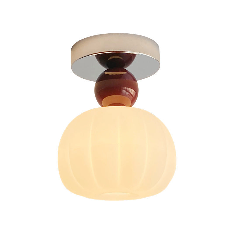 Traditional French Cream Pumpkin Round Acrylic Iron 1-Light Semi-Flush Mount Ceiling Light For Living Room