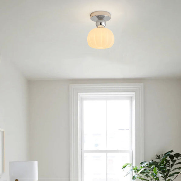 Traditional French Cream Pumpkin Round Acrylic Iron 1-Light Semi-Flush Mount Ceiling Light For Living Room