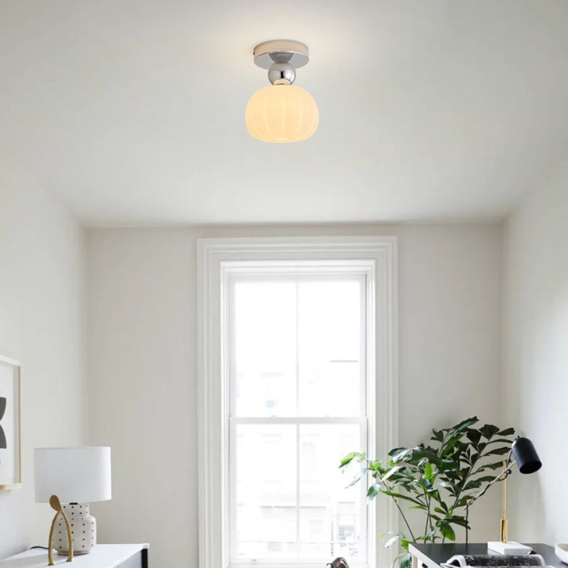 Traditional French Cream Pumpkin Round Acrylic Iron 1-Light Semi-Flush Mount Ceiling Light For Living Room