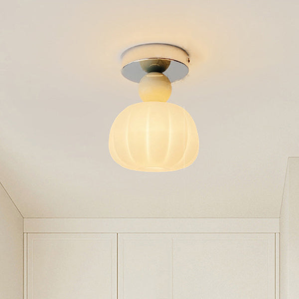 Traditional French Cream Pumpkin Round Acrylic Iron 1-Light Semi-Flush Mount Ceiling Light For Living Room