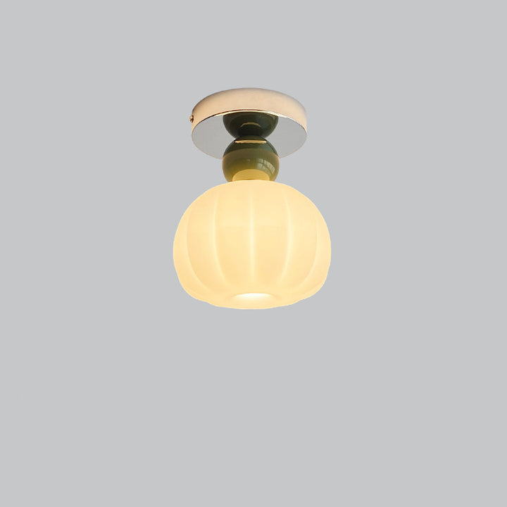 Traditional French Cream Pumpkin Round Acrylic Iron 1-Light Semi-Flush Mount Ceiling Light For Living Room