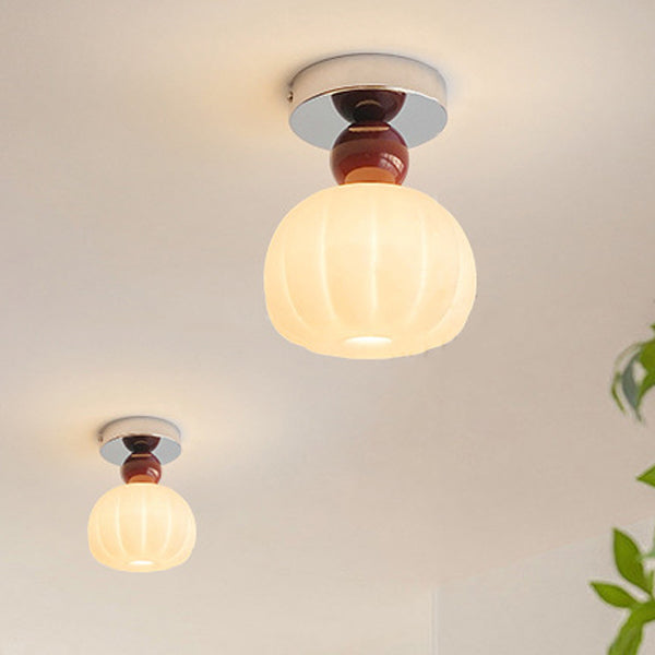 Traditional French Cream Pumpkin Round Acrylic Iron 1-Light Semi-Flush Mount Ceiling Light For Living Room