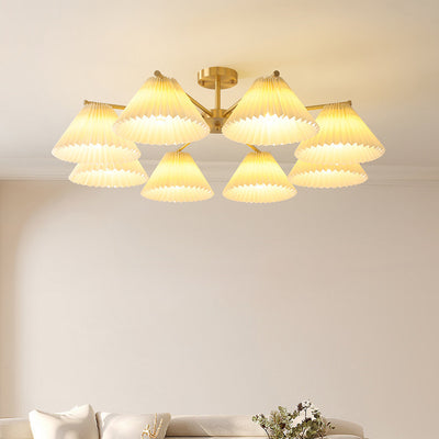 Contemporary Scandinavian Round Pleated Scalloped Branch Fabric Copper 3/5/8 Light Chandelier For Living Room