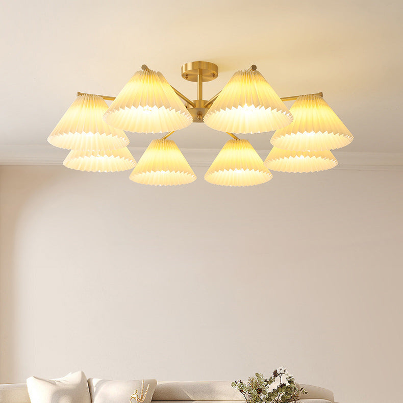 Contemporary Scandinavian Round Pleated Scalloped Branch Fabric Copper 3/5/8 Light Chandelier For Living Room