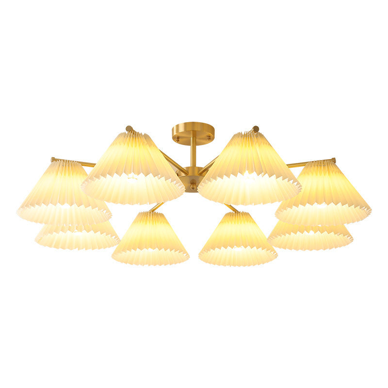 Contemporary Scandinavian Round Pleated Scalloped Branch Fabric Copper 3/5/8 Light Chandelier For Living Room