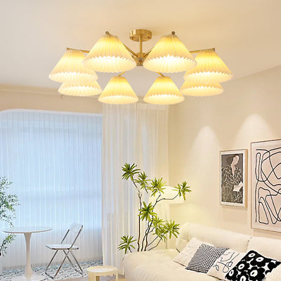 Contemporary Scandinavian Round Pleated Scalloped Branch Fabric Copper 3/5/8 Light Chandelier For Living Room