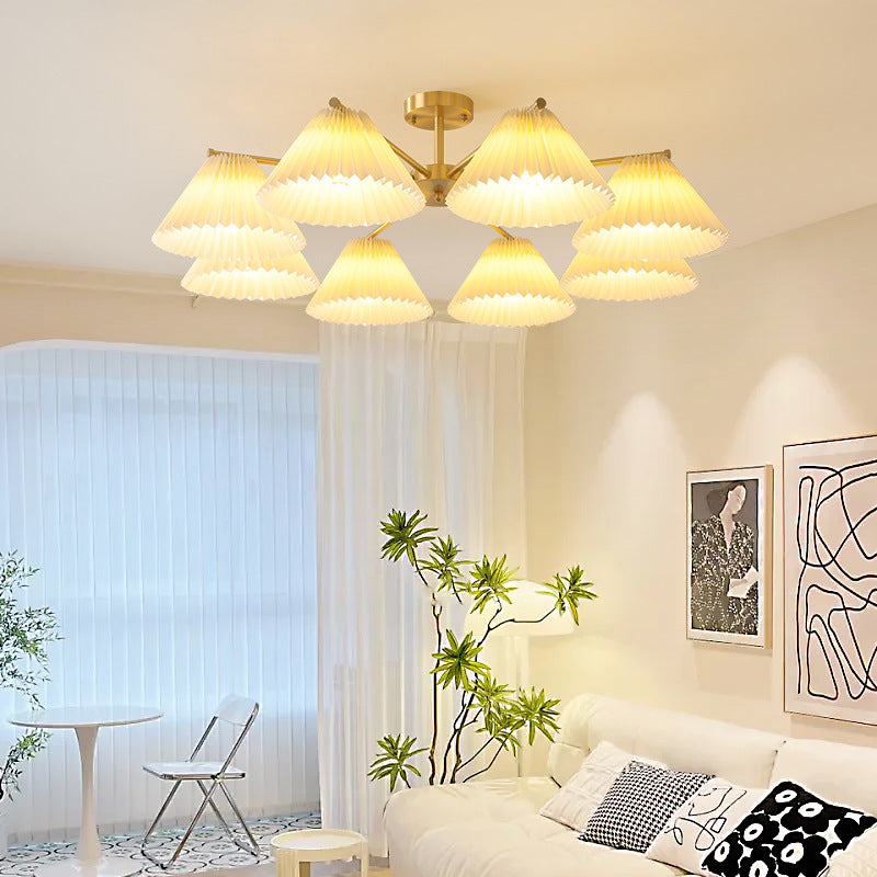 Contemporary Scandinavian Round Pleated Scalloped Branch Fabric Copper 3/5/8 Light Chandelier For Living Room
