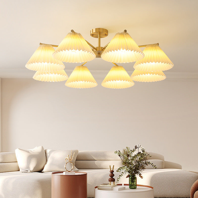 Contemporary Scandinavian Round Pleated Scalloped Branch Fabric Copper 3/5/8 Light Chandelier For Living Room